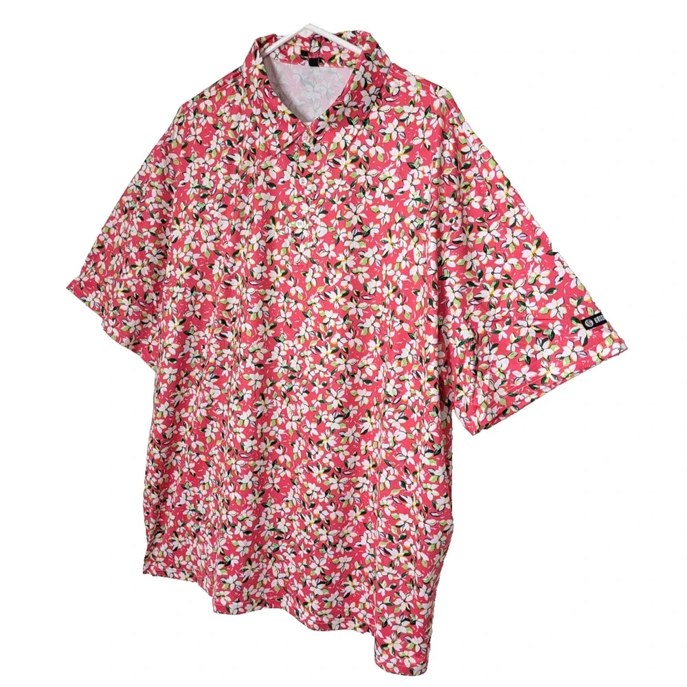 Mens Golf Polo Shirt Moisture Wicking 3XL Pink White Plumeria Polo hirt - Picture 2 of 9